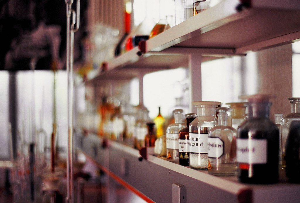 A research bench in a working laboratory, the scale at which biomedical machine learning lands.